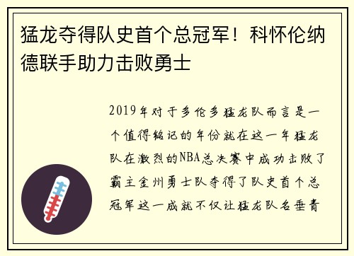 猛龙夺得队史首个总冠军！科怀伦纳德联手助力击败勇士